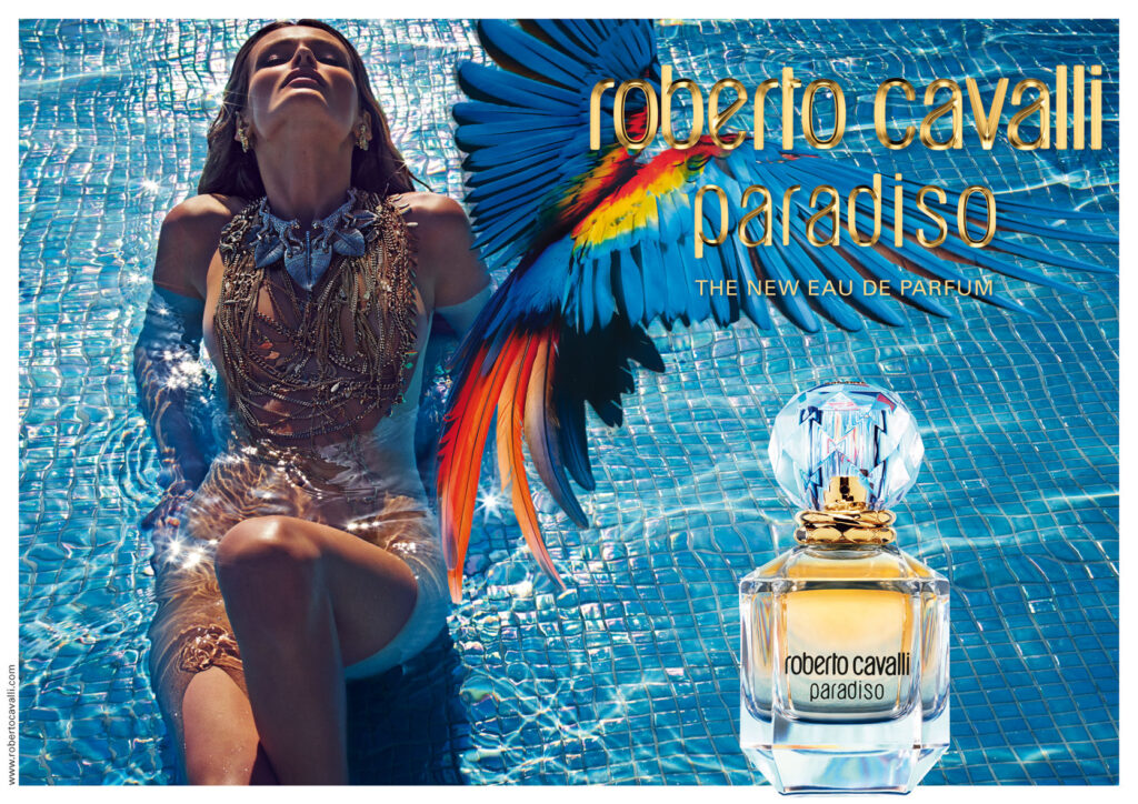 Visual publicitario del perfume Paradiso, Roberto Cavalli, protagonizado por Edita Vilkeviciute.