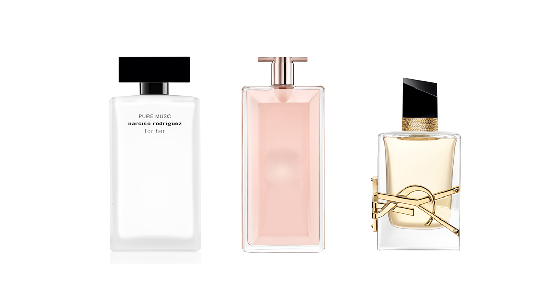 Fragancias femeninas regalar: Pure Musc For Her de Narciso Rodriguez, Idôle de Lancôme y Libre de YSL